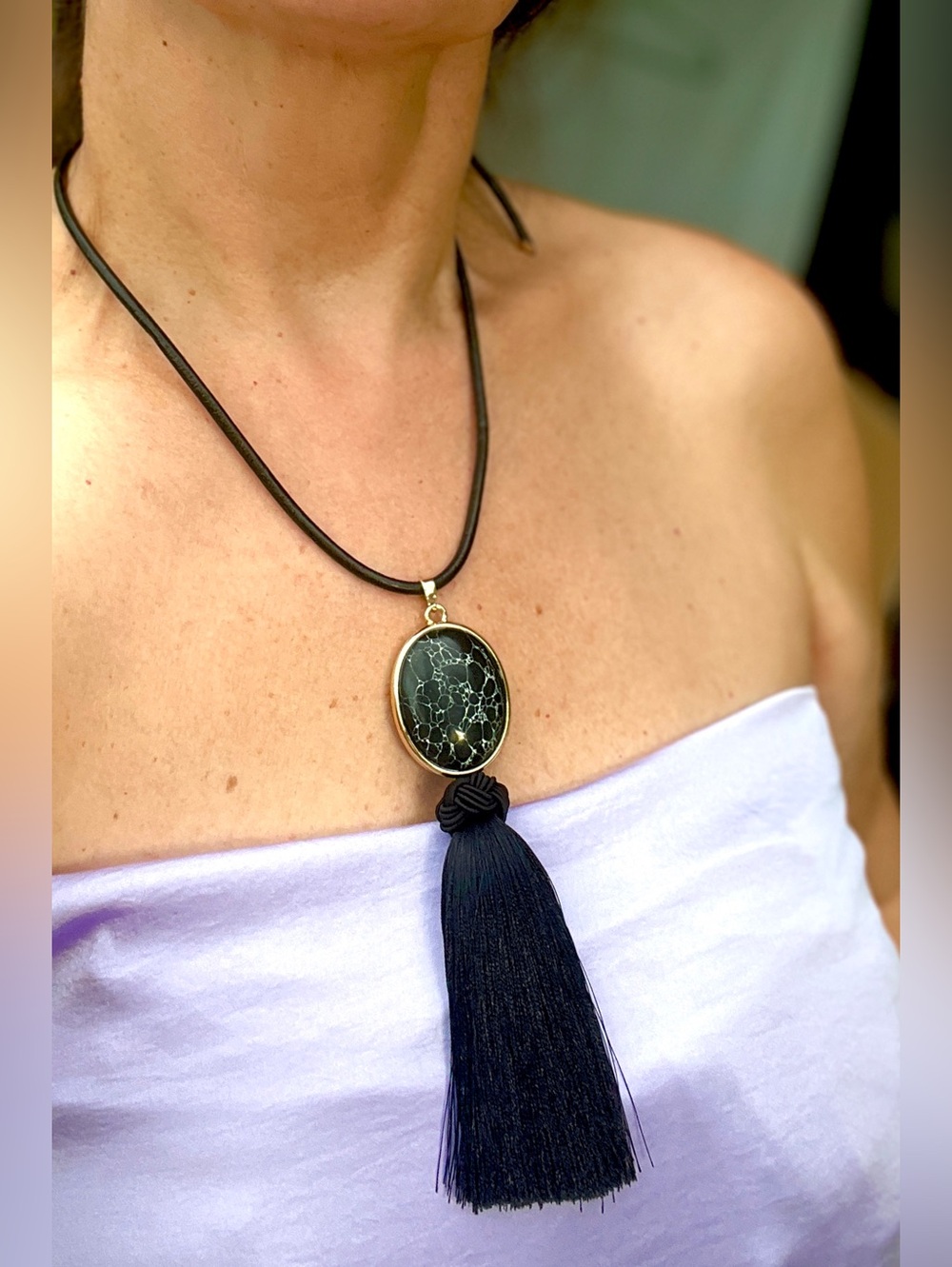Camila Coelho Genuine Leather Semi Presious Stone tassel 44”necklace black gold
